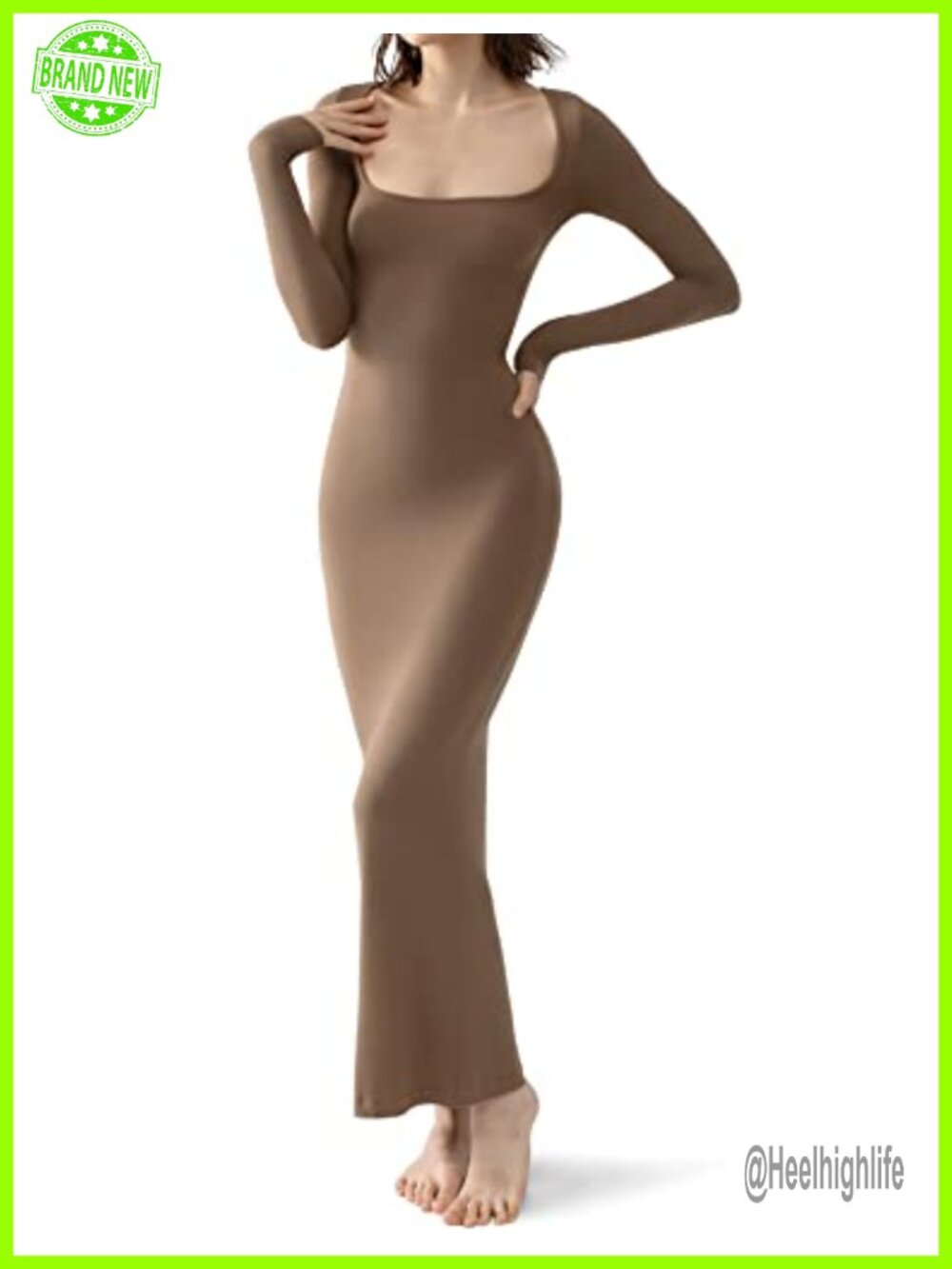 Women's Square Neck Bodycon Maxi Dress Long Sleeve Ribbed Lounge Dress Soft